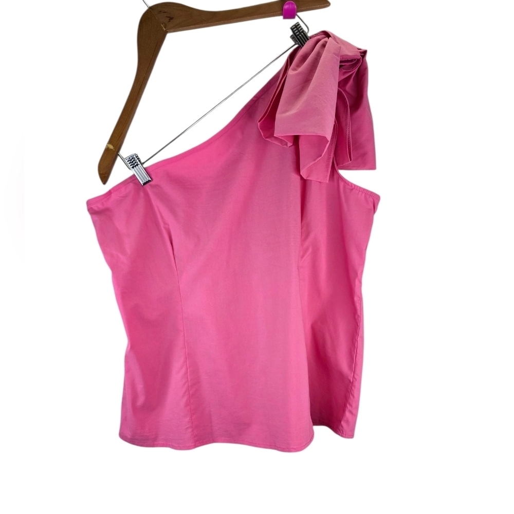 New York & Company One Shoulder Solid Pink Bow Cotton Top Size L